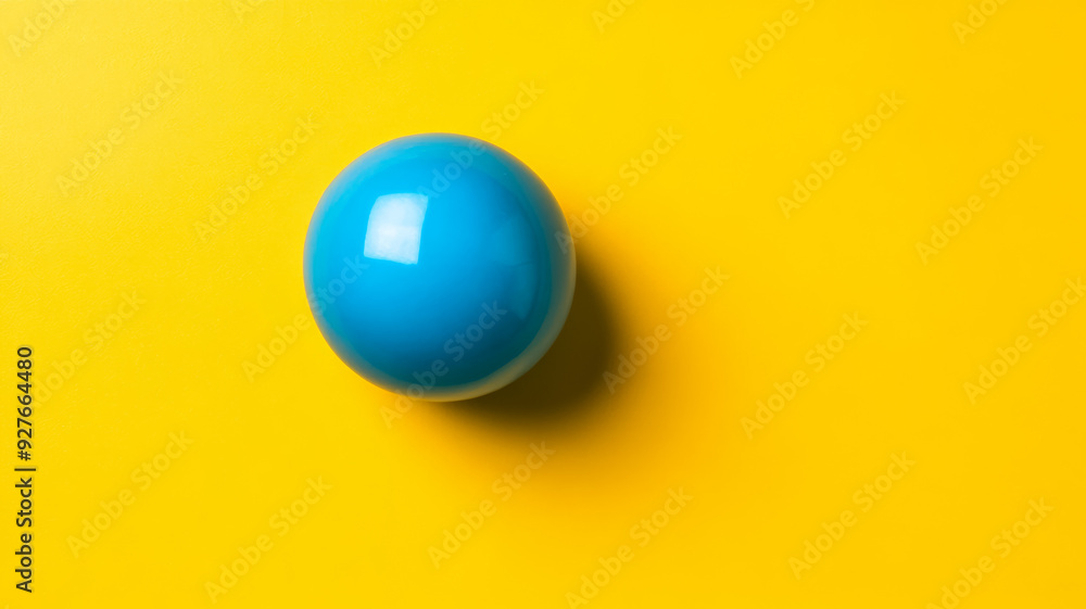 Poster isolated shot of a single bubble gum ball in bright blue centered on a vibrant yellow background wit