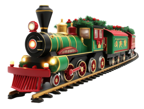 Holiday train with festive decor, cut out - stock png.