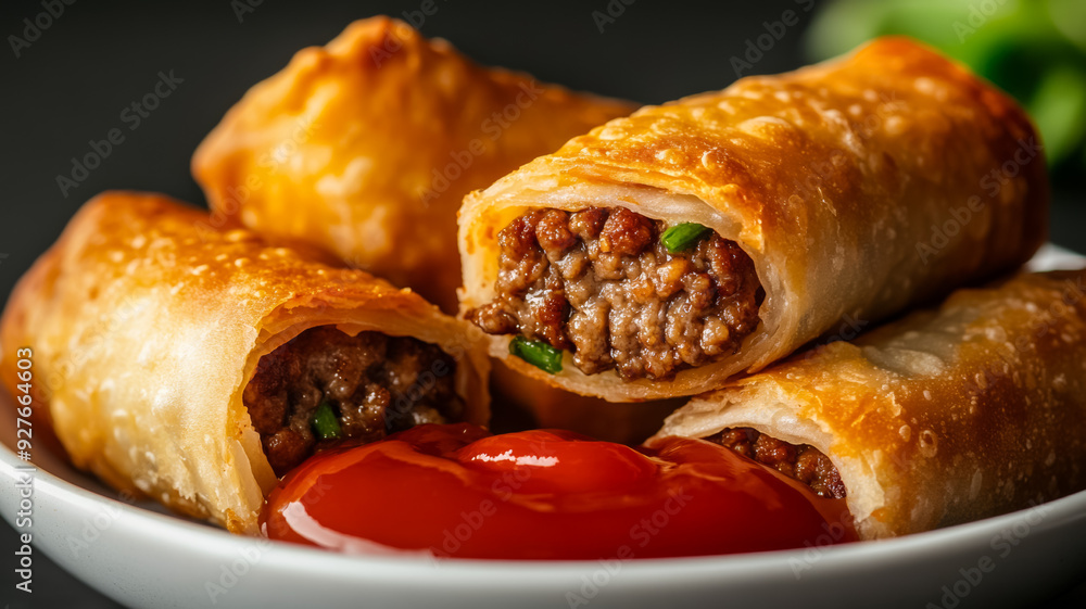 Poster macro shot of a cheeseburger egg roll being dipped into ketchup with the crispy crust and gooey chee