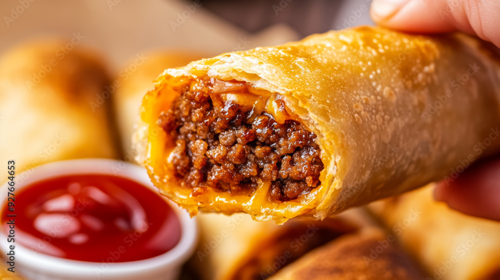 Poster macro shot of a cheeseburger egg roll being dipped into ketchup with the crispy crust and gooey chee
