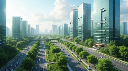Sustainable Urban Development: Futuristic Green City with Skyscrapers and Lush Tree-Lined Avenues