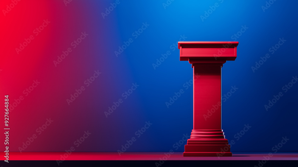 Poster moderators podium with debate notes gradient background from deep blue to bright red closeup angle s