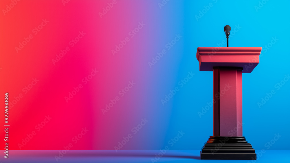 Poster moderators podium with debate notes gradient background from deep blue to bright red closeup angle s