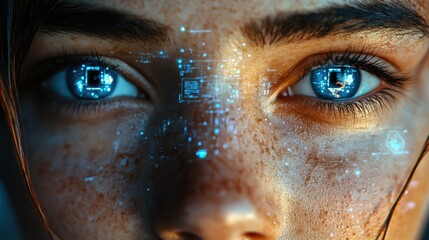 A close-up of a human eyes with digital holographic interfaces reflecting in the iris, symbolizing advanced technology and human-machine interaction.