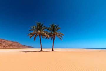 Obraz premium Two palm trees stand tall on a pristine white sand beach under a clear blue sky.