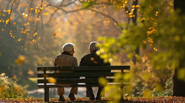 An elderly couple relaxing on a park bench
