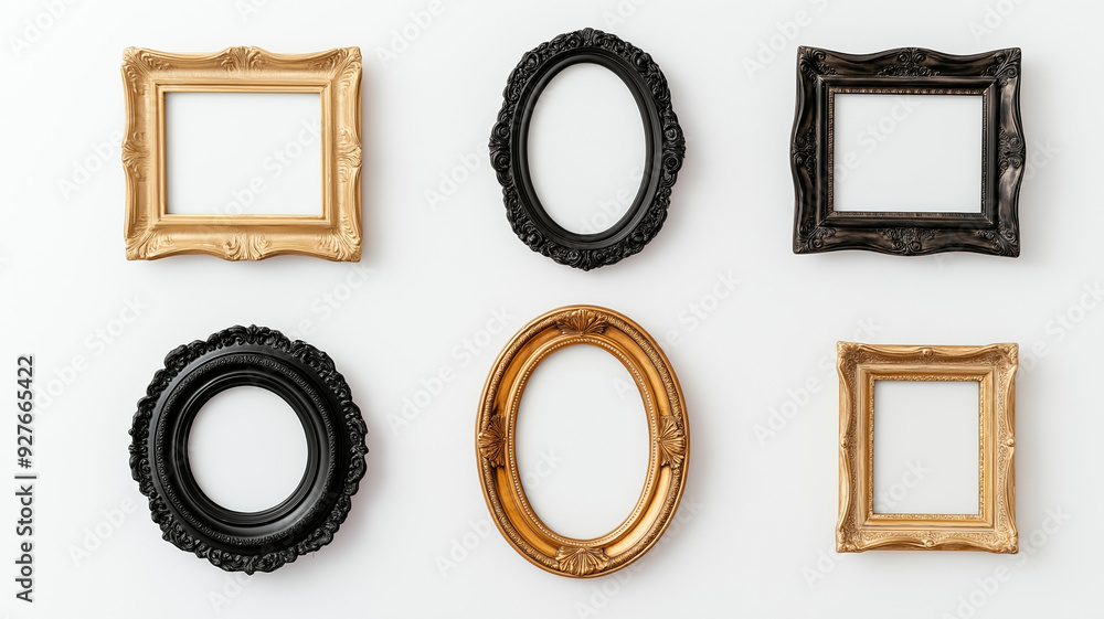 Aufkleber overhead view of a collection of vintage ornate picture frames in various shapes including oval roun