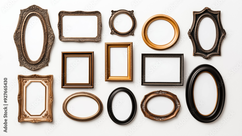 Aufkleber overhead view of a collection of vintage ornate picture frames in various shapes including oval roun