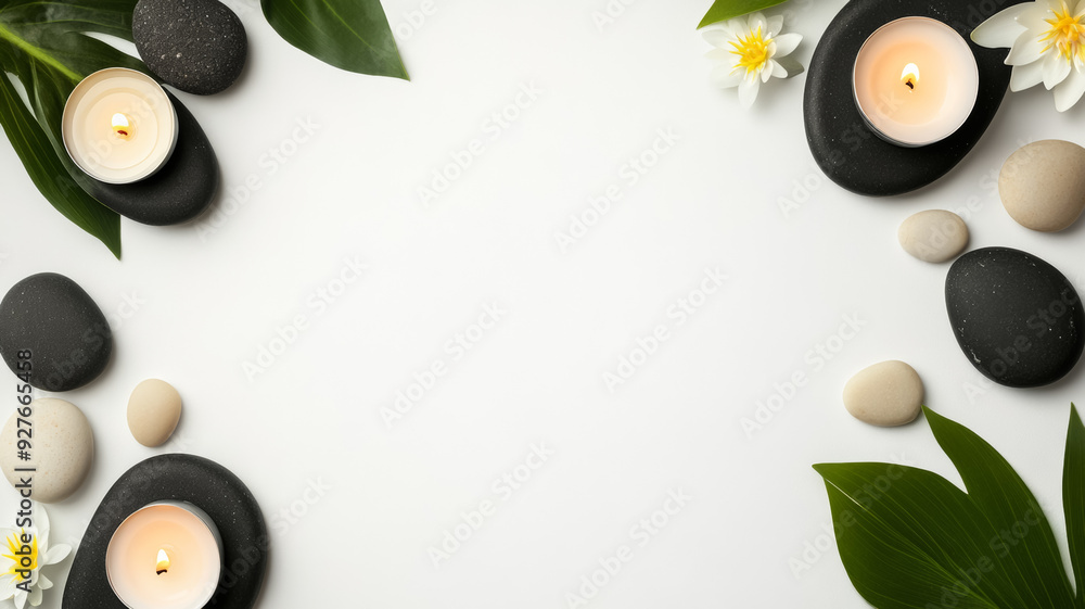 Poster overhead view of a meditation themed picture frame with a serene border of lotus flowers smooth pebb