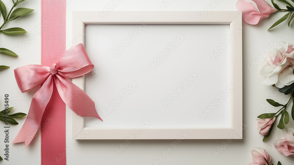 Poster overhead view of a picture frame featuring a pink ribbon a dove symbol and soft floral patterns in a