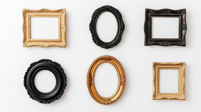 Overhead view of a collection of vintage ornate picture frames in various shapes including oval round and rectangular arranged on a white background empty and ready for use 