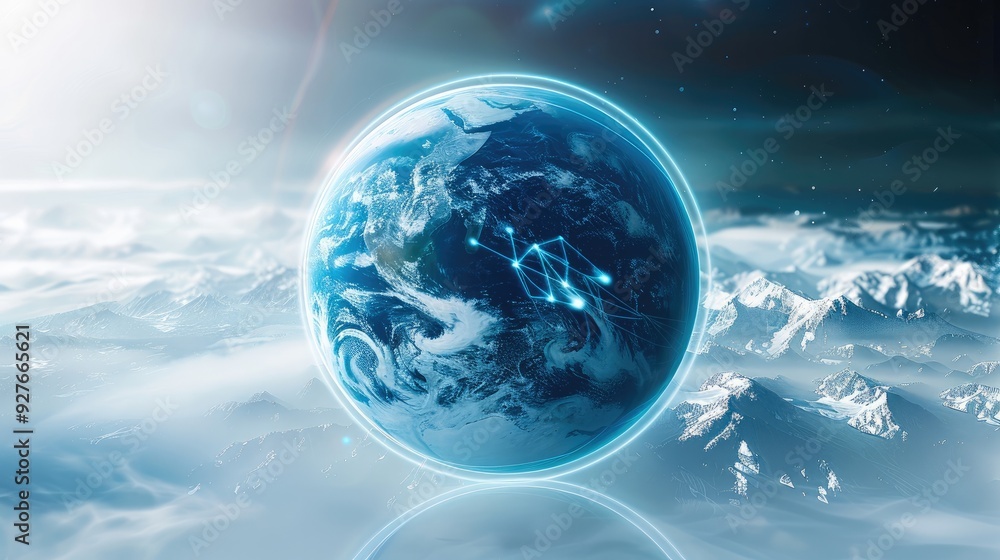 Poster A simple modern science and technology element, the main body can be a hollow, rotating, simple earth element, blue, revolving around some symbolic elements representing network technology.