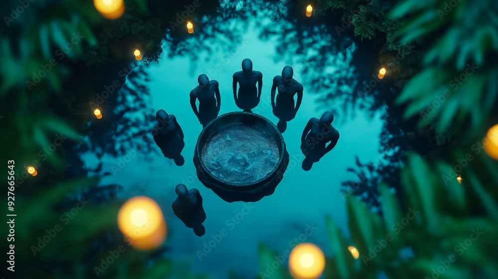 Poster overhead view of a witchs cauldron bubbling in a dark forest pond with ghostly figures reflected in 
