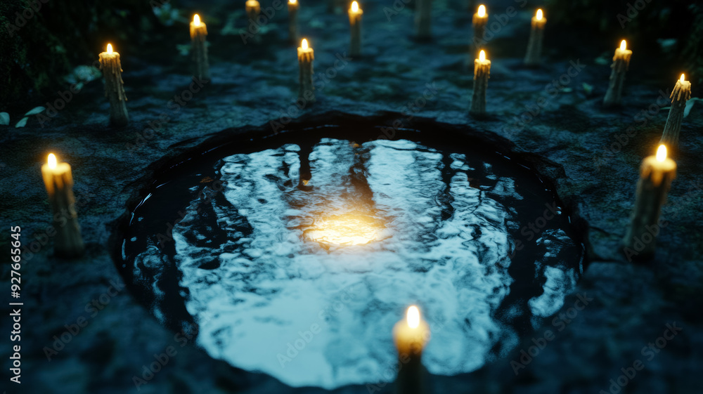 Poster overhead view of a witchs cauldron bubbling in a dark forest pond with ghostly figures reflected in 