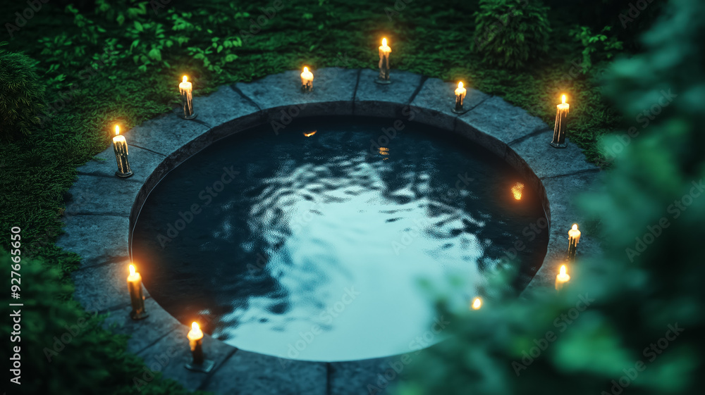 Poster overhead view of a witchs cauldron bubbling in a dark forest pond with ghostly figures reflected in 