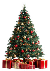 Christmas tree decorated with gifts underneath, cut out - stock png.