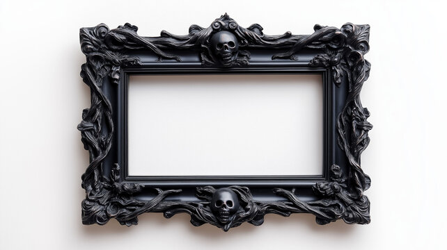 Overhead view of an ornate Halloween picture frame featuring creepy designs like ghost faces and twisted branches in a tarnished silver finish isolated on a white background 