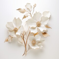 A beautiful arrangement of white paper art deco flowers with delicate textures and golden accents, set against a plain background. The flowers are intricately designed.
