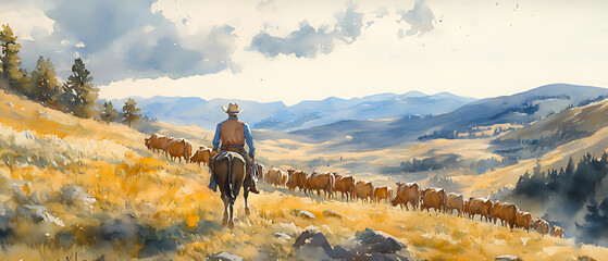 Cowboy herding cattle in mountain landscape