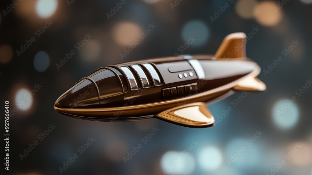 Poster side view of a futuristic chocolate spaceship sculpture sleek and aerodynamic with metallic looking 