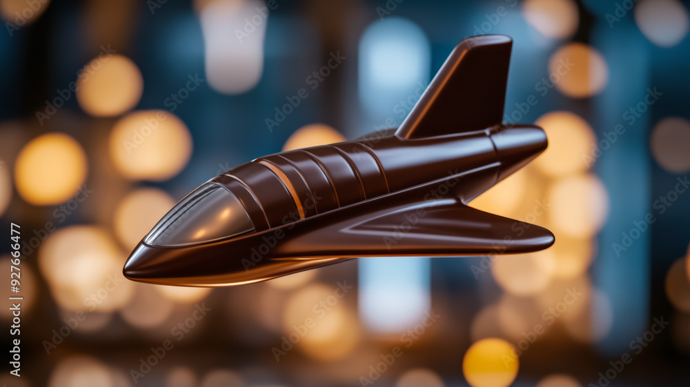 Poster side view of a futuristic chocolate spaceship sculpture sleek and aerodynamic with metallic looking 