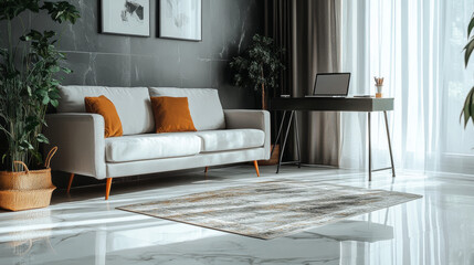 Cozy studio apartment with a comfy sofa and rug on a gray marble floor. It has a desk with a laptop for working. --ar 16:9 --v 6.1 Job ID: d8175812-8145-476f-ad6b-4a76cd4066fb