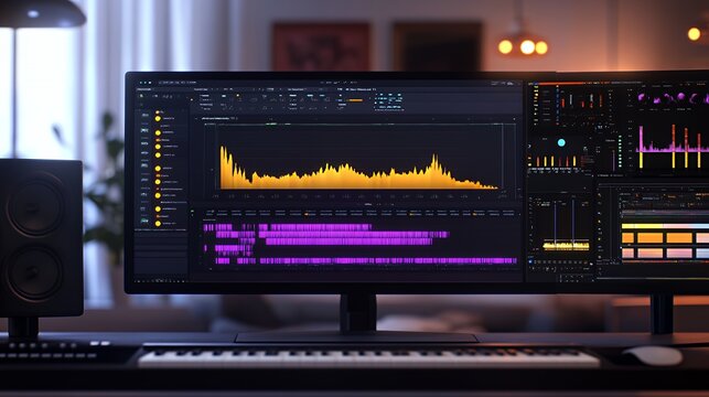 Close up of a computer monitor with a digital audio workstation interface displaying audio waveforms and a music keyboard in the foreground.