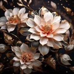 A close-up view of beautifully crafted art deco flowers with intricate petals in shades of white, peach, and gold. The flowers are surrounded by delicate leaves.