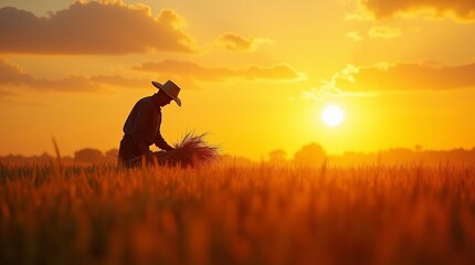 Fototapeta premium Golden Wheat Field at Sunset: Farmer Silhouette Admiring Bountiful Harvest in Rural Landscape