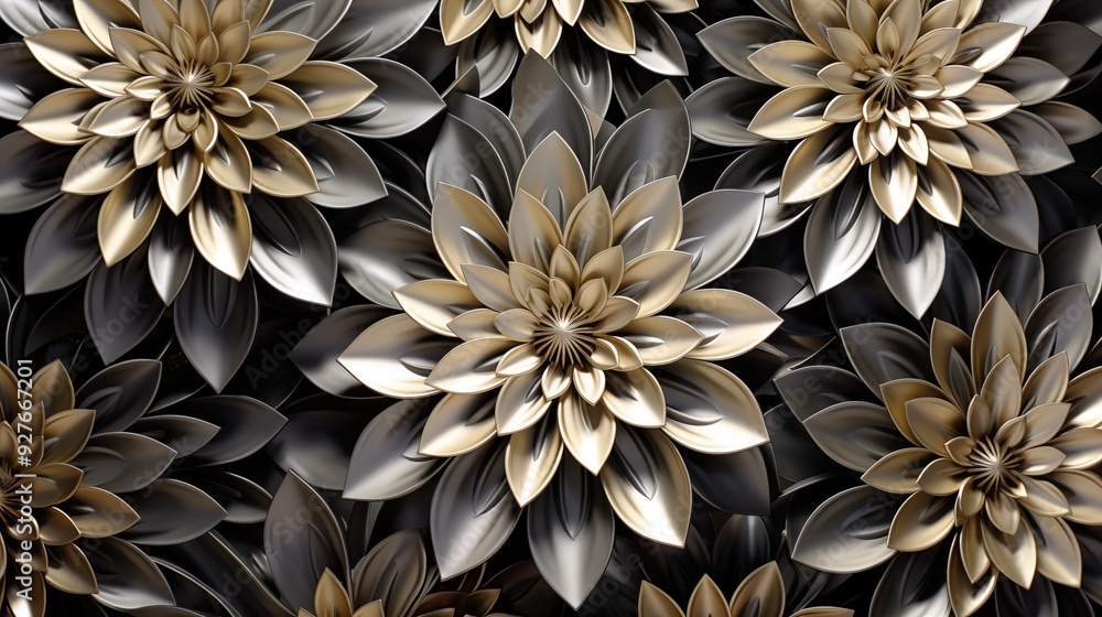Poster a close-up view of intricately designed art deco flowers with golden and black petals, creating a lu