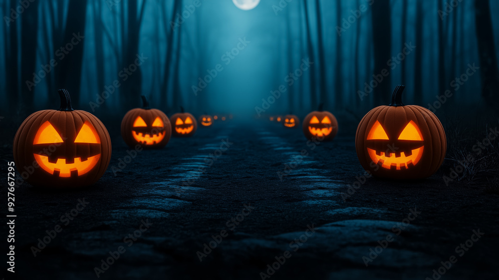Poster spooky garden path lined with jack o lanterns glowing softly in eerie mist twisted trees with ghostl