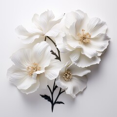 A decorative arrangement of large, white paper art deco flowers with intricate details, featuring textured petals and delicate stamens, set against a plain background.