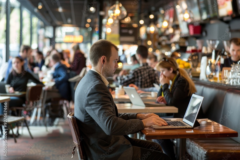 Poster people utilizing laptops while seated at tables, contributing to a vibrant dining experience in a re