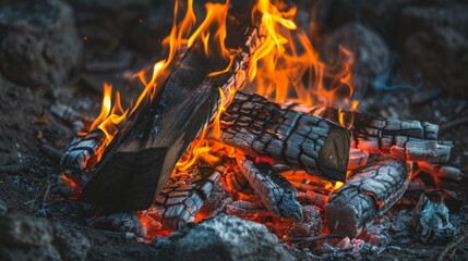 close-up of roaring campfire flames with sparks flying, against a dark background, creating dynamic and energetic visuals that highlight the power and warmth of the fire