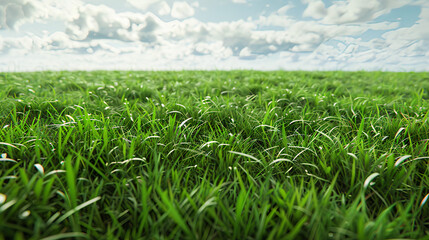 Fototapeta premium Lush Green Grass Field Under Blue Sky with Clouds - Idyllic Nature Landscape for Environmental Concepts, Outdoor Design, and Agricultural Projects
