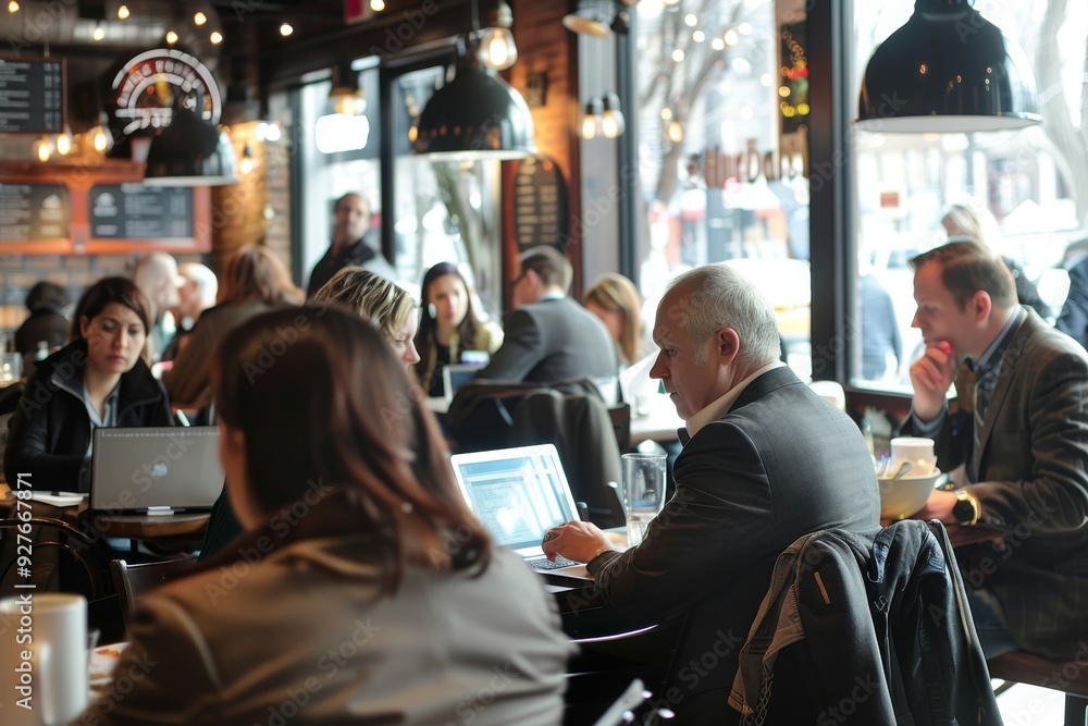 Poster individuals at tables with laptops, highlighting a dynamic mix of productivity and dining in a resta