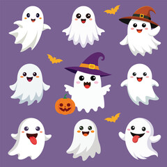 Cute Halloween ghosts cartoon set, vector illustration