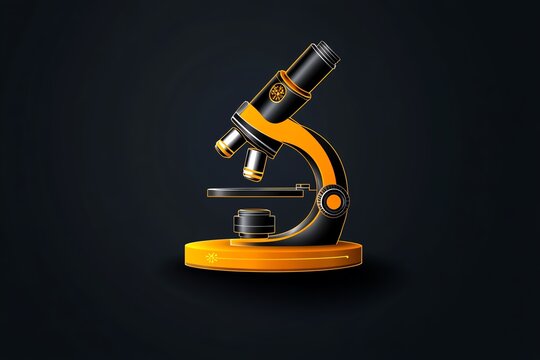 A 3D rendering of a black and orange microscope on a dark background.