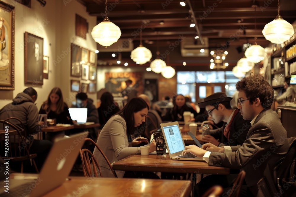 Aufkleber individuals at tables with laptops, highlighting a dynamic mix of productivity and dining in a resta