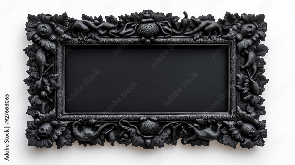 Poster top down shot of a rectangular halloween style frame with intricate carvings of witches cauldrons an