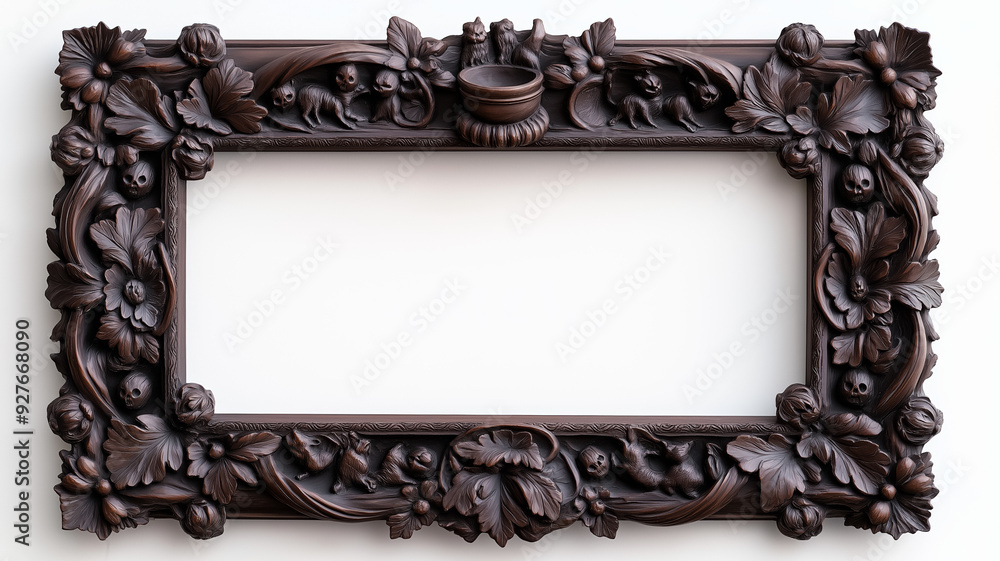 Poster top down shot of a rectangular halloween style frame with intricate carvings of witches cauldrons an