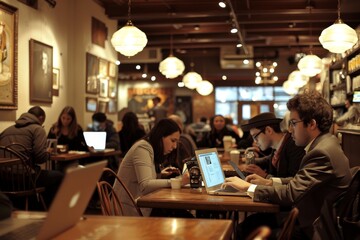 Individuals at tables with laptops, highlighting a dynamic mix of productivity and dining in a restaurant space, A busy cafe with people in business attire working on laptops. AI generated