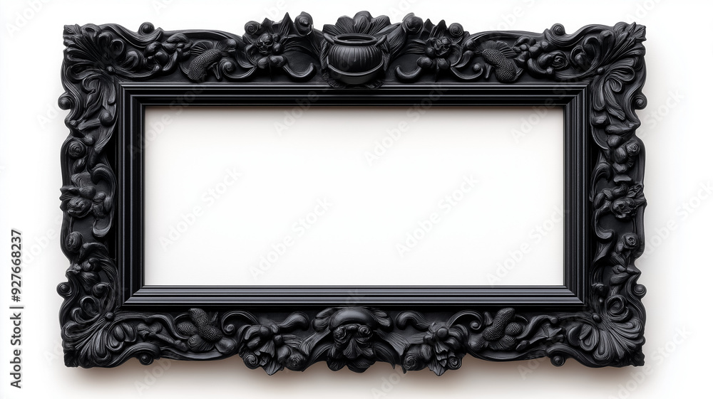 Poster top down shot of a rectangular halloween style frame with intricate carvings of witches cauldrons an