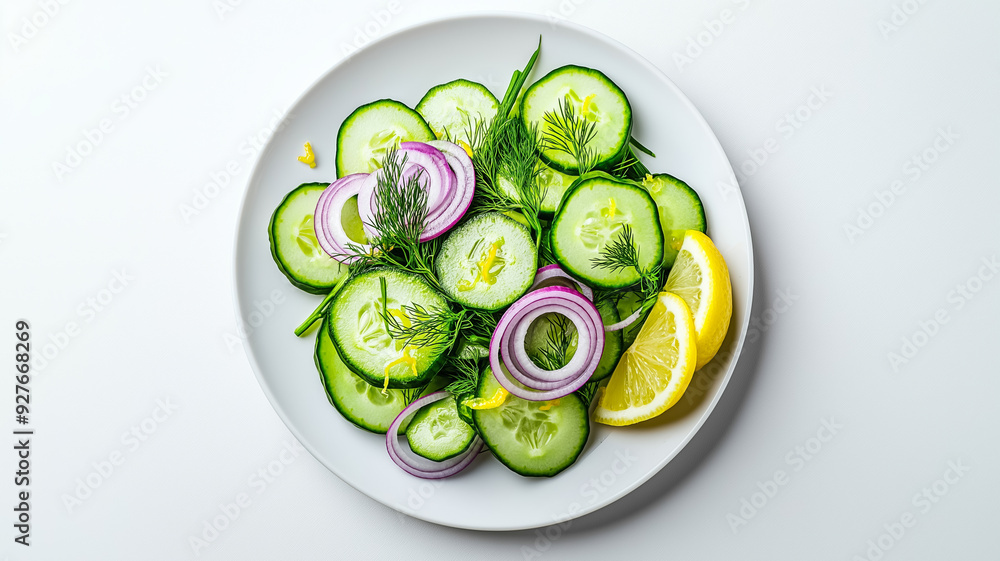 Aufkleber top down view of a fresh cucumber salad with thin slices of cucumber red onion rings and dill on a w