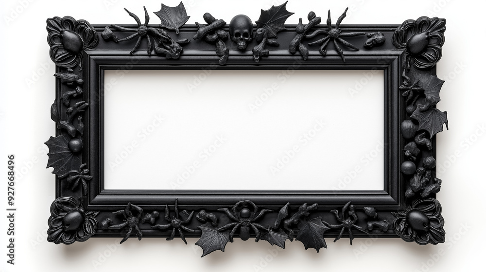 Poster top view of a rectangular picture frame with creepy halloween decorations like spiders bats and crac