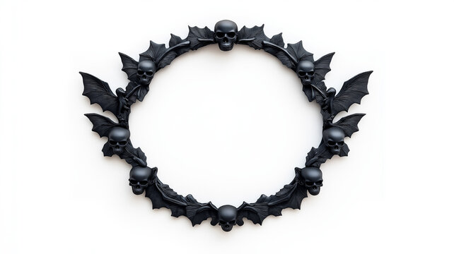 Top view of a circular Halloween frame with gothic inspired bat wings and skulls around the edges finished in dark distressed metal isolated on a white background 