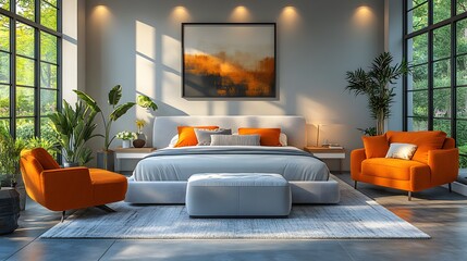 Isometric 3D cartoon rendering of a modern bed, armchair, and sofa set against a simple white backdrop.