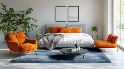 Isometric 3D cartoon rendering of a modern bed, armchair, and sofa set against a simple white backdrop.