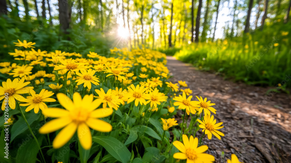 Poster Wide angle shot of a forest path lined with wild autumn flowers like asters and goldenrods with sunlight filtering through the trees casting a warm golden glow 