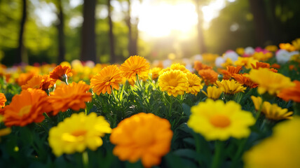 Wide angle shot of a field of autumn flowers including orange and yellow mums marigolds and cosmos with soft sunlight filtering through the trees creating a warm glowing background 